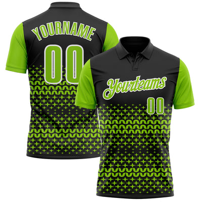 Custom Black Neon Green-White 3D Pattern Design Star Performance Polo Shirt