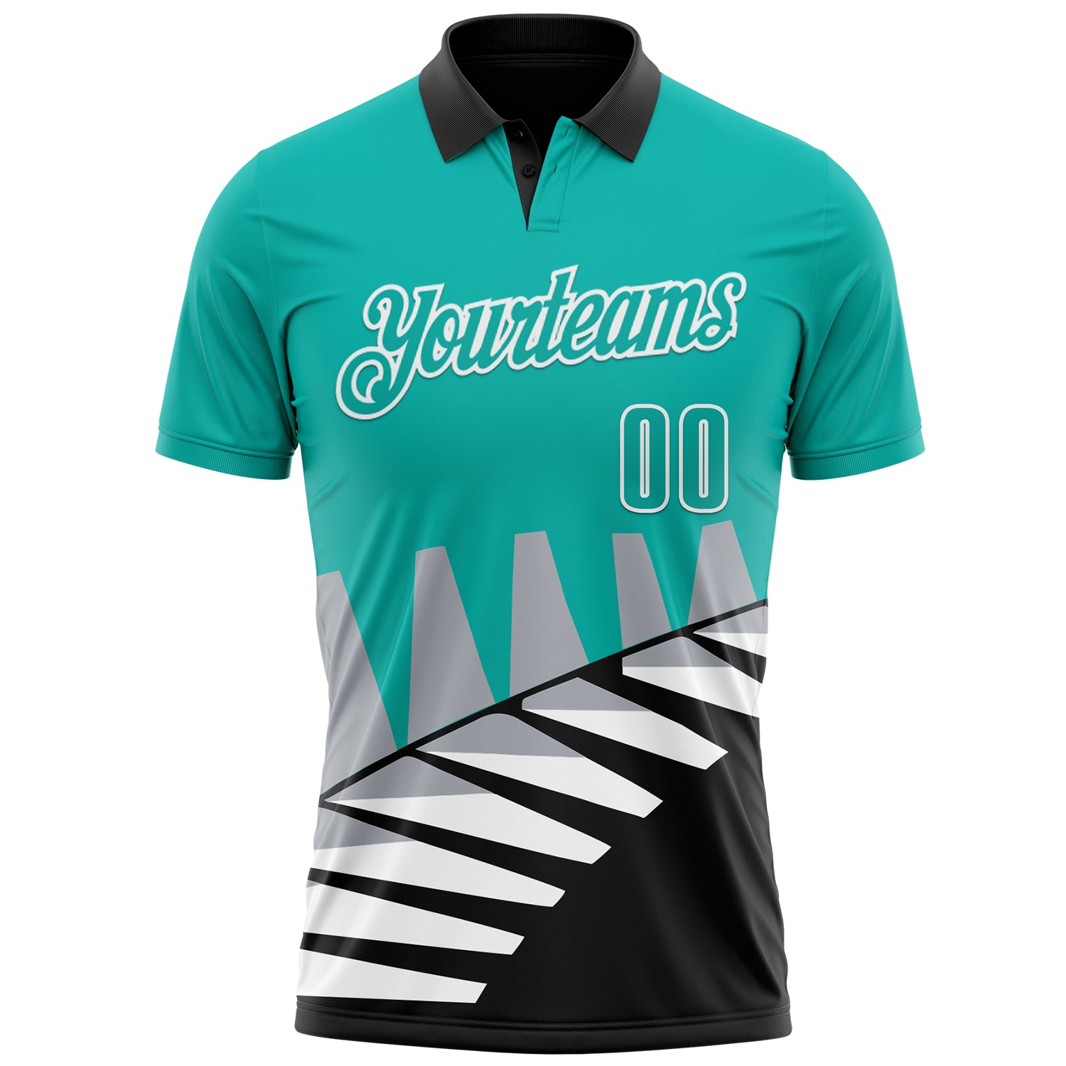 Custom Aqua Black Gray-White 3D Pattern Design Geometric Shapes Performance Polo Shirt