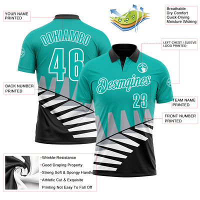 Custom Aqua Black Gray-White 3D Pattern Design Geometric Shapes Performance Polo Shirt