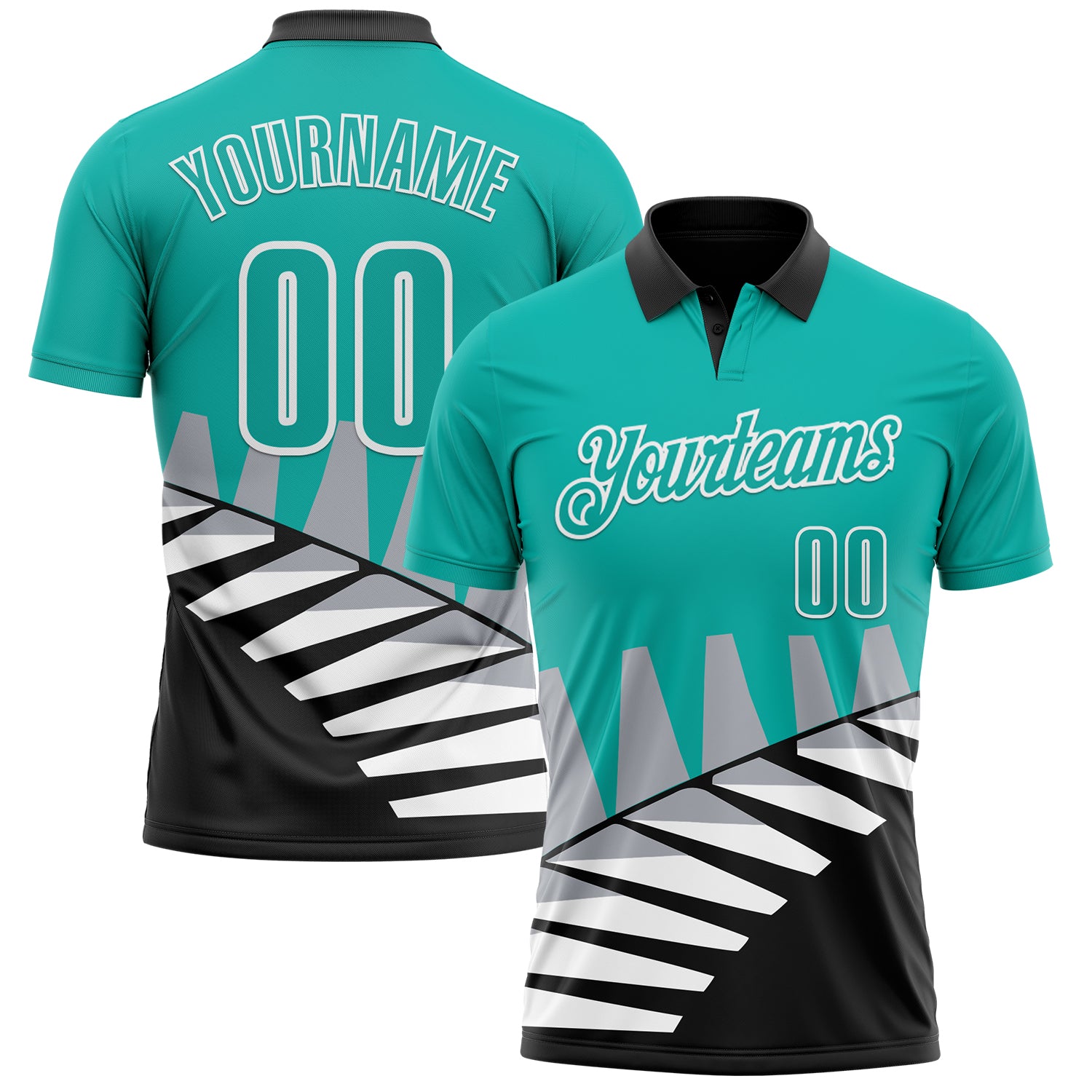 Custom Aqua Black Gray-White 3D Pattern Design Geometric Shapes Performance Polo Shirt