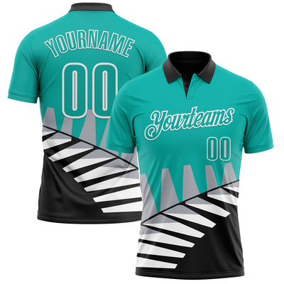 Custom Aqua Black Gray-White 3D Pattern Design Geometric Shapes Performance Polo Shirt