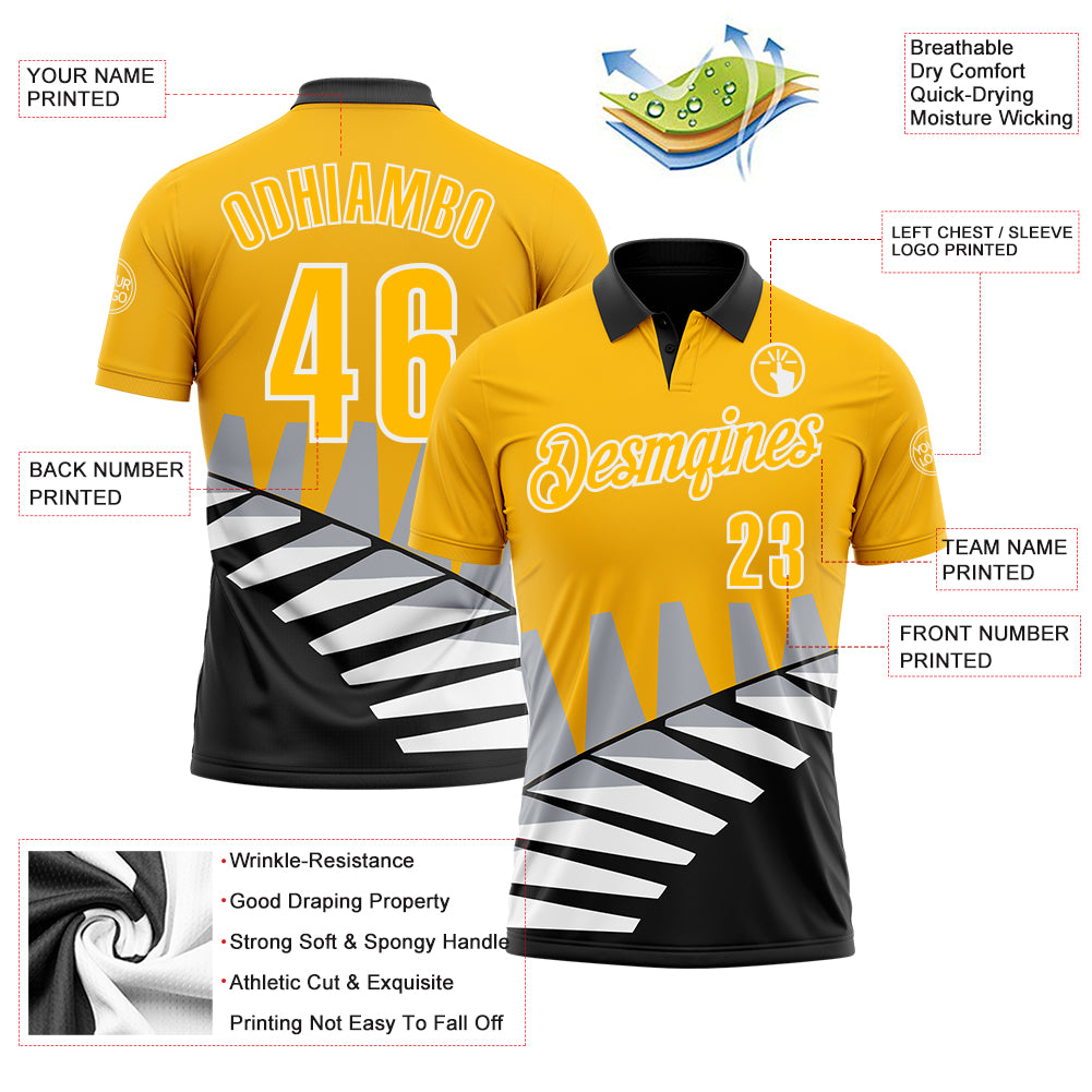 Custom Gold Black Gray-White 3D Pattern Design Geometric Shapes Performance Polo Shirt