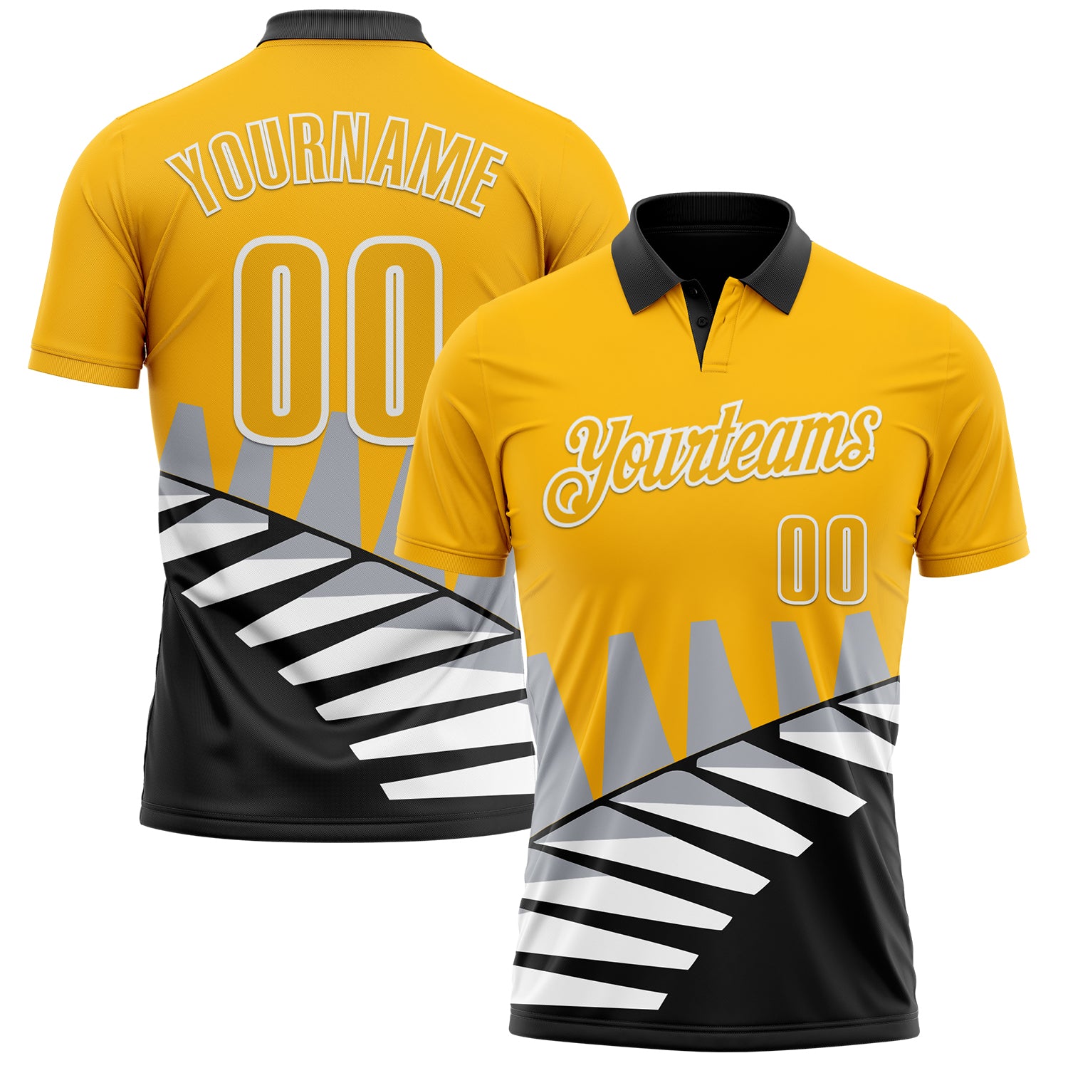 Custom Gold Black Gray-White 3D Pattern Design Geometric Shapes Performance Polo Shirt