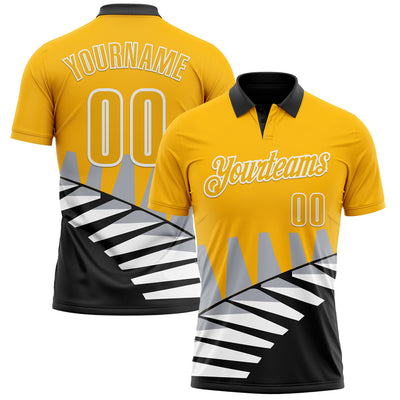 Custom Gold Black Gray-White 3D Pattern Design Geometric Shapes Performance Polo Shirt
