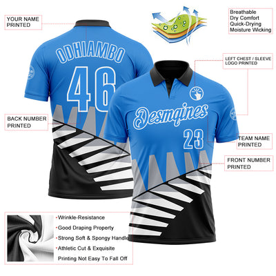 Custom Powder Blue Black Gray-White 3D Pattern Design Geometric Shapes Performance Polo Shirt
