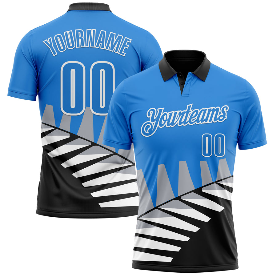 Custom Powder Blue Black Gray-White 3D Pattern Design Geometric Shapes Performance Polo Shirt