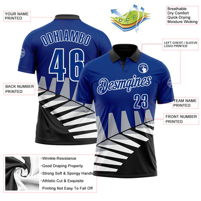 Custom Royal Black Gray-White 3D Pattern Design Geometric Shapes Performance Polo Shirt
