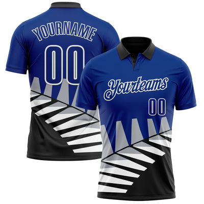 Custom Royal Black Gray-White 3D Pattern Design Geometric Shapes Performance Polo Shirt
