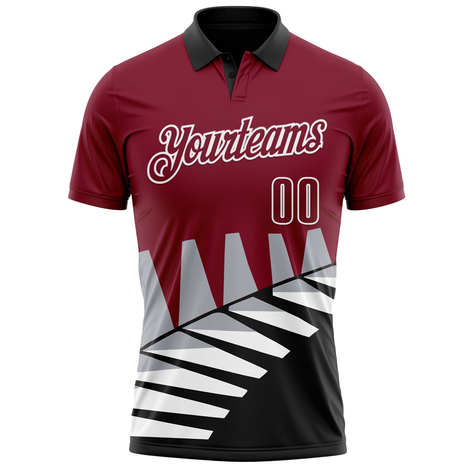 Custom Crimson Black Gray-White 3D Pattern Design Geometric Shapes Performance Polo Shirt