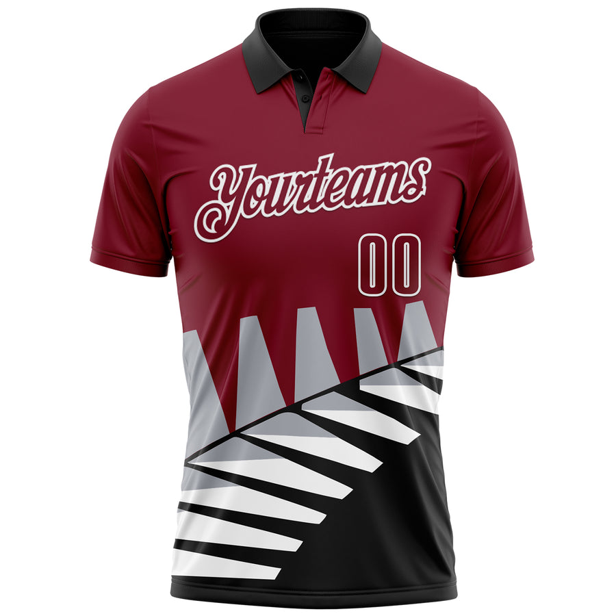 Custom Crimson Black Gray-White 3D Pattern Design Geometric Shapes Performance Polo Shirt