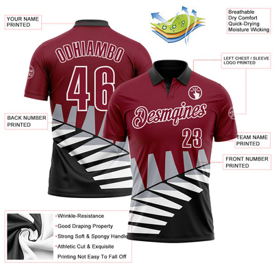 Custom Crimson Black Gray-White 3D Pattern Design Geometric Shapes Performance Polo Shirt