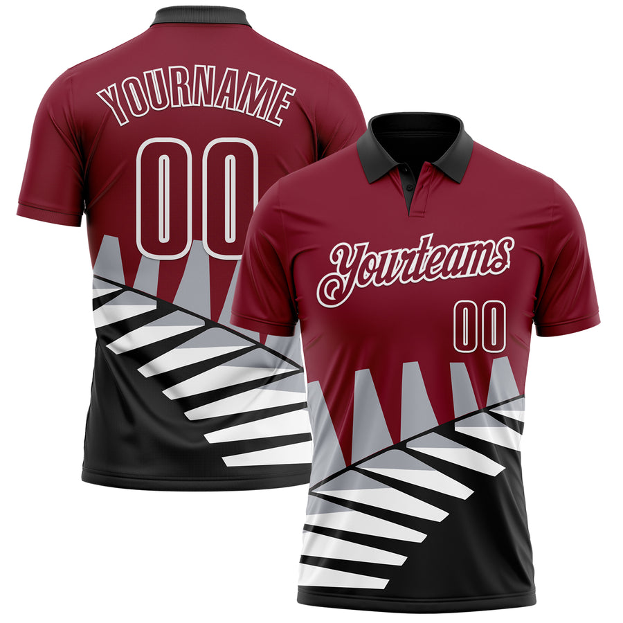 Custom Crimson Black Gray-White 3D Pattern Design Geometric Shapes Performance Polo Shirt