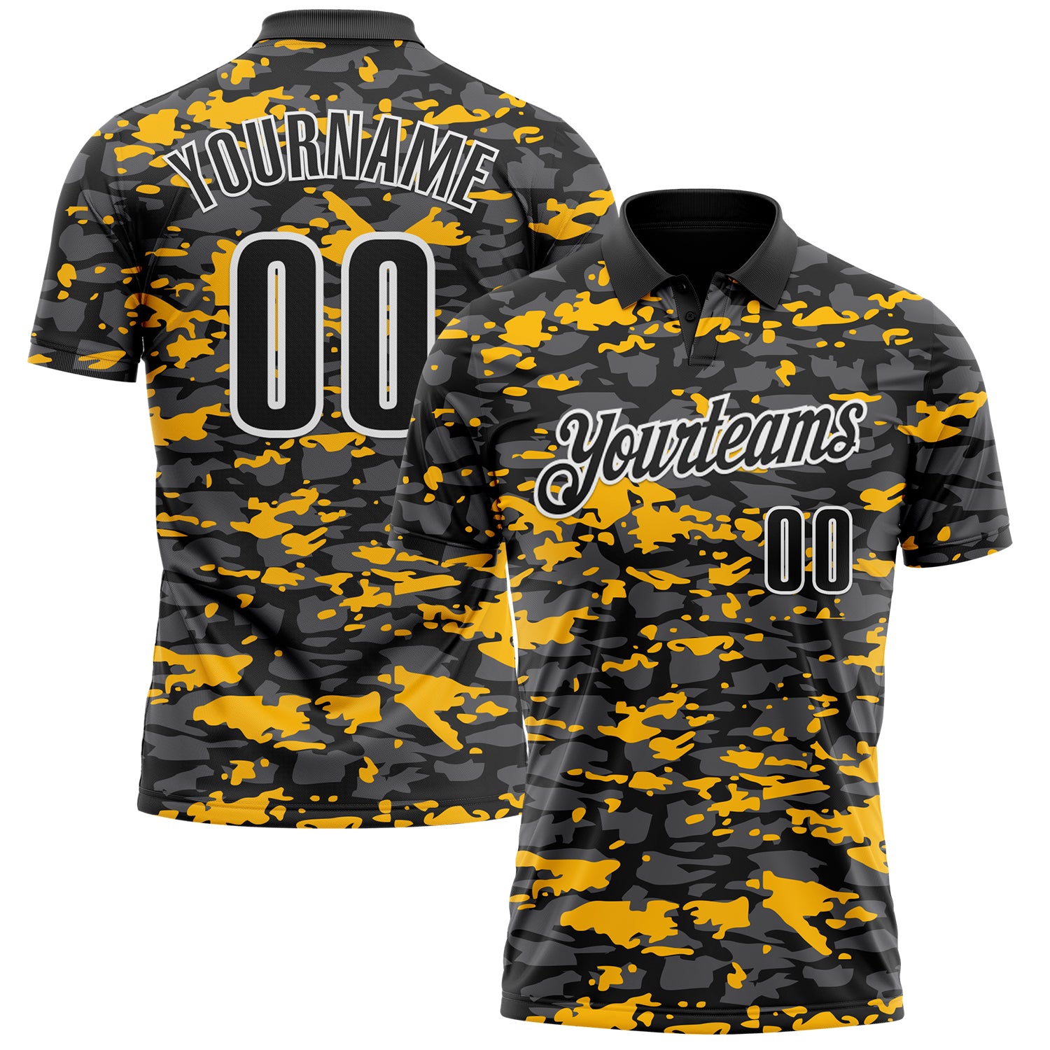 Custom Black Steel Gray Gold-White 3D Pattern Design Splash Performance Polo Shirt