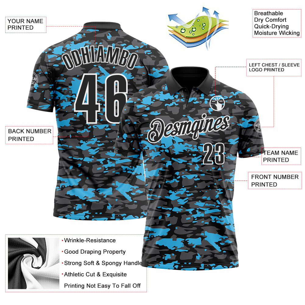 Custom Black Steel Gray Sky Blue-White 3D Pattern Design Splash Performance Polo Shirt