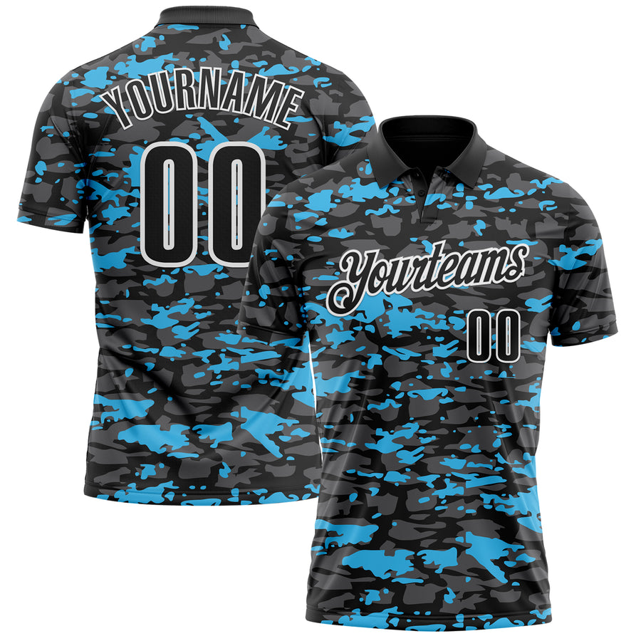 Custom Black Steel Gray Sky Blue-White 3D Pattern Design Splash Performance Polo Shirt