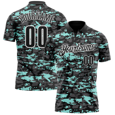 Custom Black Steel Gray Ice Blue-White 3D Pattern Design Splash Performance Polo Shirt