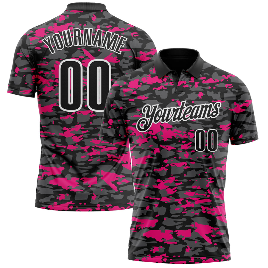 Custom Black Steel Gray Hot Pink-White 3D Pattern Design Splash Performance Polo Shirt