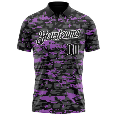 Custom Black Steel Gray Medium Purple-White 3D Pattern Design Splash Performance Polo Shirt