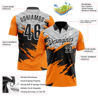 Custom Bay Orange Black Gray-White 3D Pattern Design Splash Performance Polo Shirt