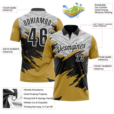 Custom Old Gold Black Gray-White 3D Pattern Design Splash Performance Polo Shirt