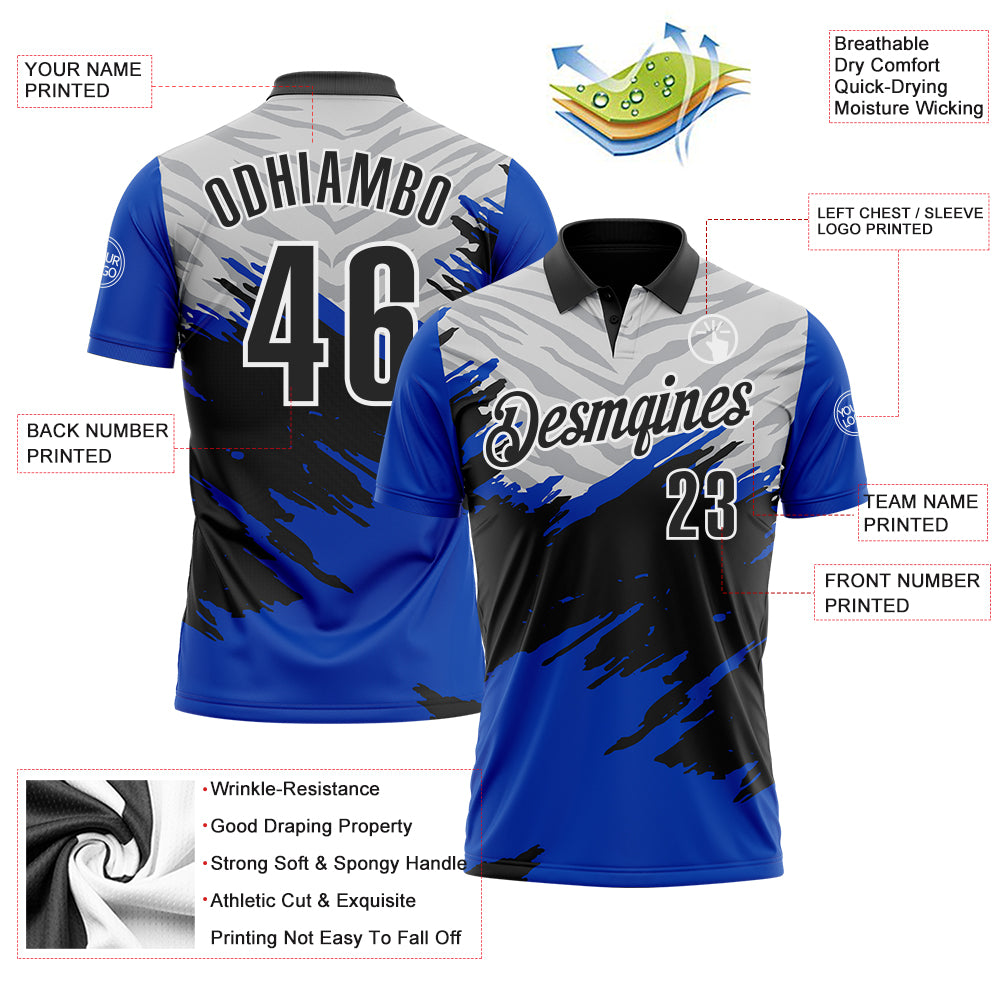 Custom Thunder Blue Black Gray-White 3D Pattern Design Splash Performance Polo Shirt