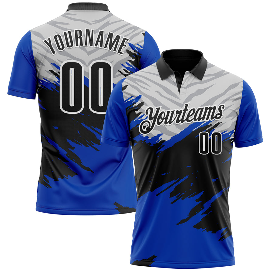 Custom Thunder Blue Black Gray-White 3D Pattern Design Splash Performance Polo Shirt