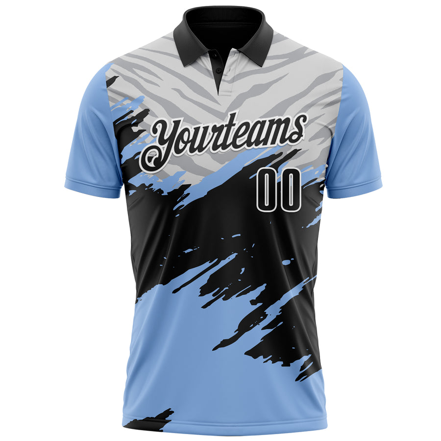 Custom Light Blue Black Gray-White 3D Pattern Design Splash Performance Polo Shirt