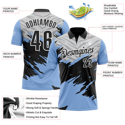 Custom Light Blue Black Gray-White 3D Pattern Design Splash Performance Polo Shirt