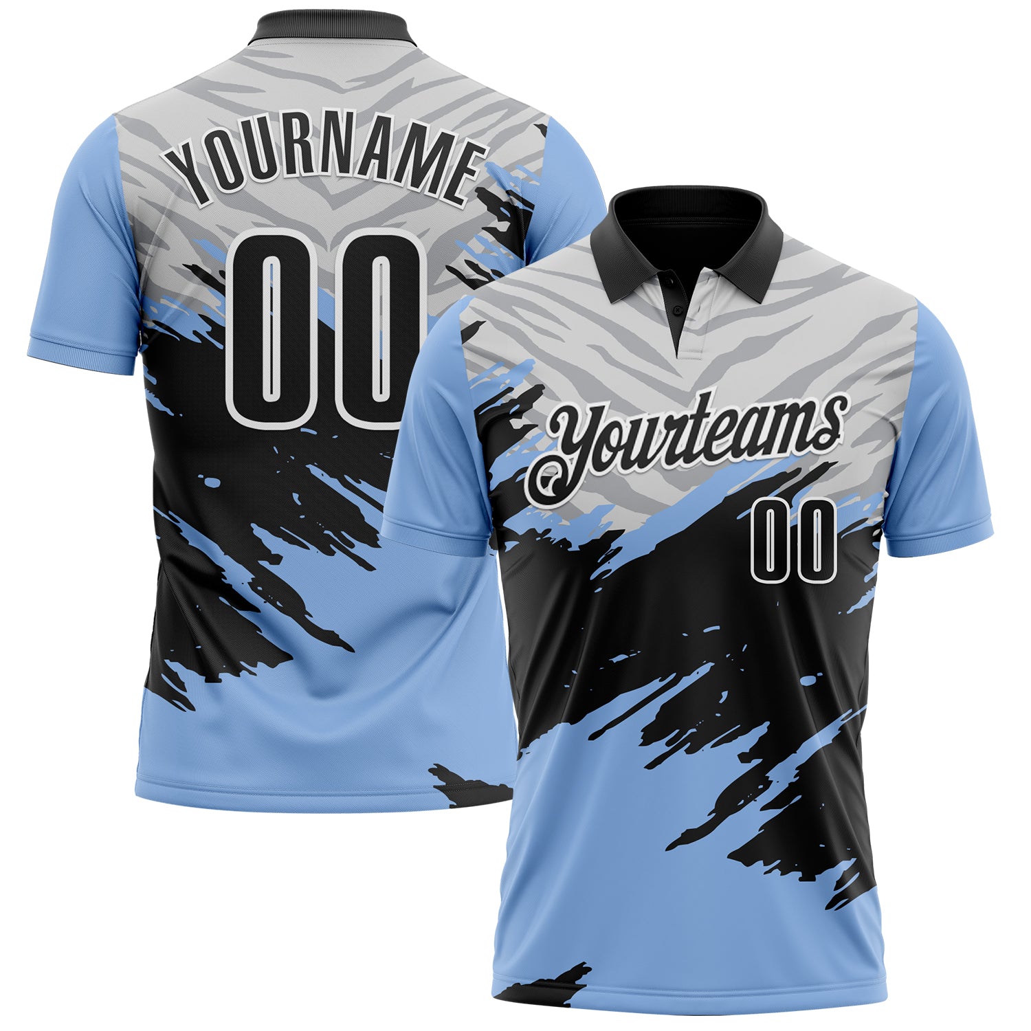 Custom Light Blue Black Gray-White 3D Pattern Design Splash Performance Polo Shirt