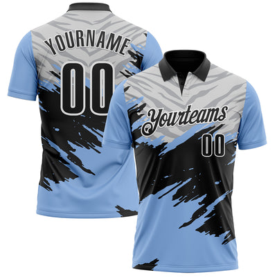 Custom Light Blue Black Gray-White 3D Pattern Design Splash Performance Polo Shirt