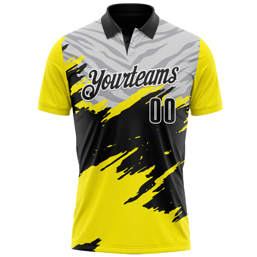 Custom Light Yellow Black Gray-White 3D Pattern Design Splash Performance Polo Shirt