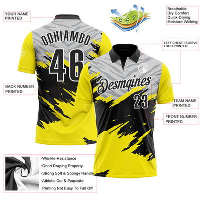 Custom Light Yellow Black Gray-White 3D Pattern Design Splash Performance Polo Shirt