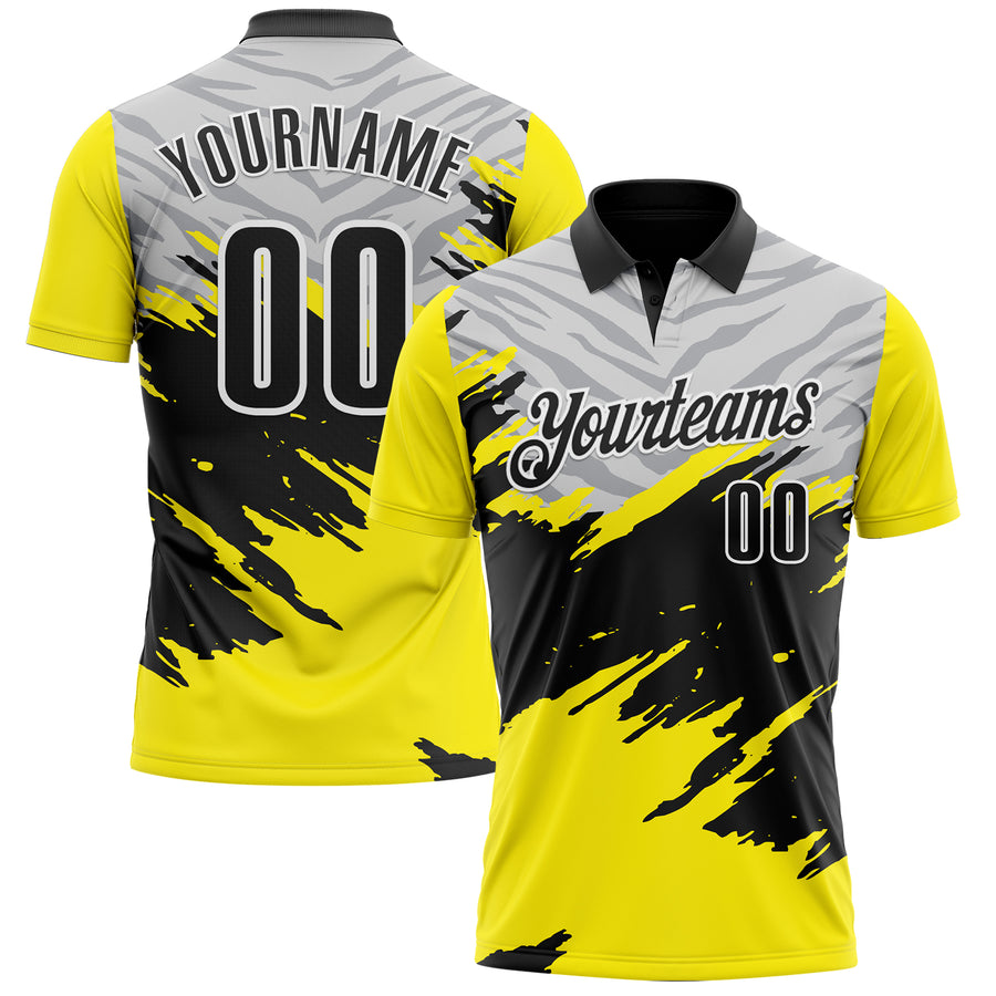 Custom Light Yellow Black Gray-White 3D Pattern Design Splash Performance Polo Shirt
