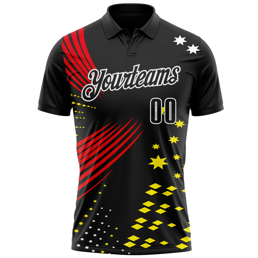 Custom Black Fire Red Light Yellow-White 3D Pattern Design Star And Geometric Shapes Performance Polo Shirt