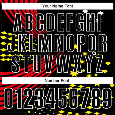 Custom Black Fire Red Light Yellow-White 3D Pattern Design Star And Geometric Shapes Performance Polo Shirt