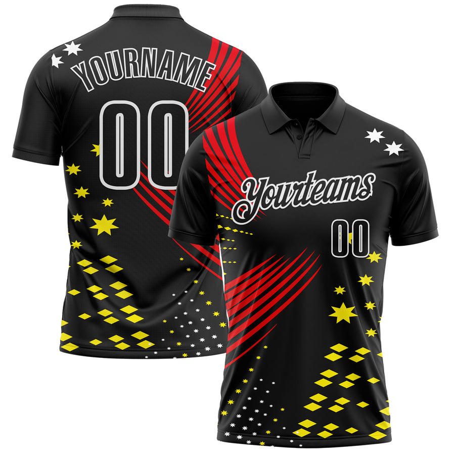 Custom Black Fire Red Light Yellow-White 3D Pattern Design Star And Geometric Shapes Performance Polo Shirt