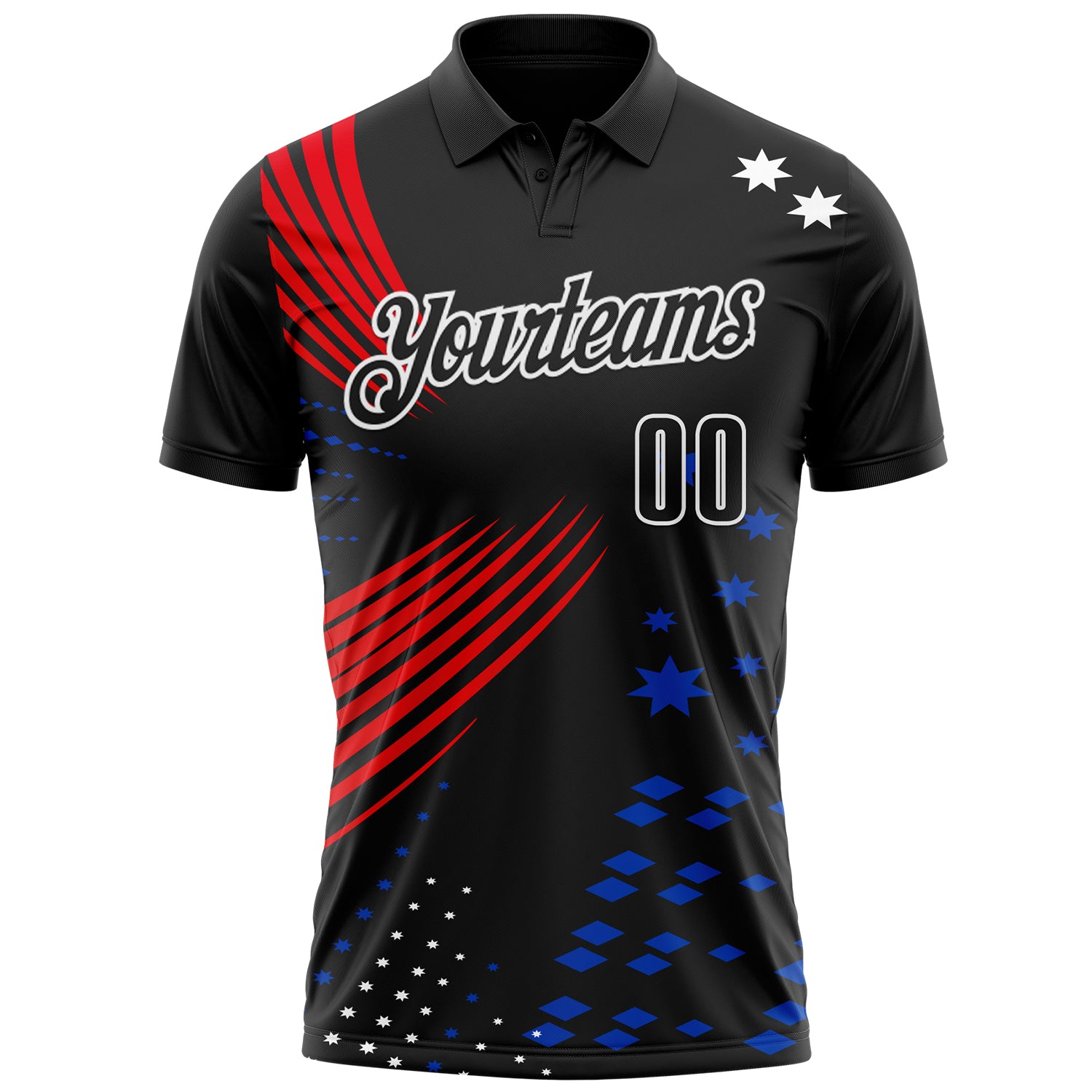 Custom Black Fire Red Thunder Blue-White 3D Pattern Design Star And Geometric Shapes Performance Polo Shirt