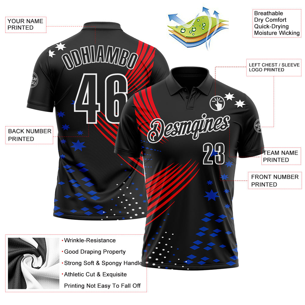 Custom Black Fire Red Thunder Blue-White 3D Pattern Design Star And Geometric Shapes Performance Polo Shirt