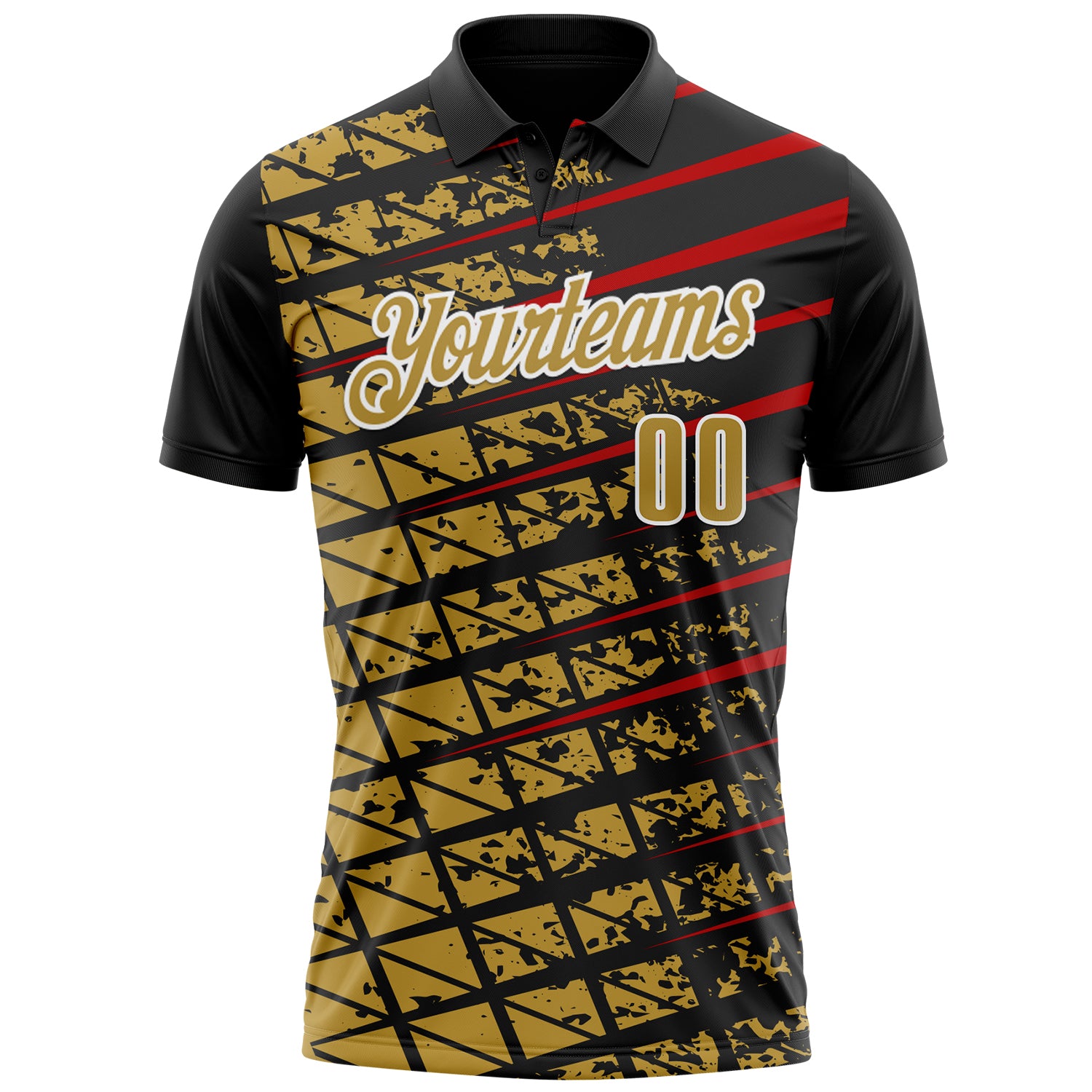 Custom Black Old Gold Red-White 3D Pattern Design Grid And Fragment Art Performance Polo Shirt