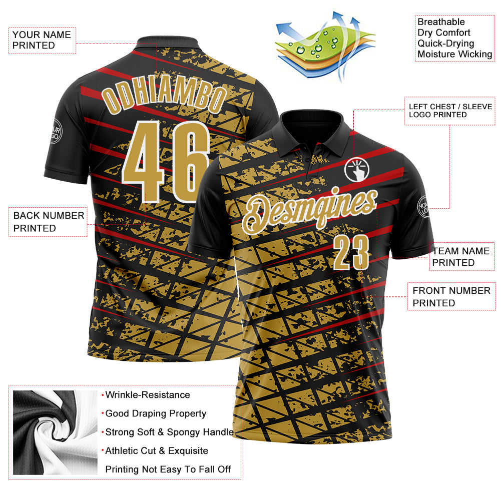 Custom Black Old Gold Red-White 3D Pattern Design Grid And Fragment Art Performance Polo Shirt