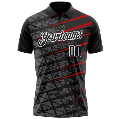Custom Black Steel Gray Red-White 3D Pattern Design Grid And Fragment Art Performance Polo Shirt