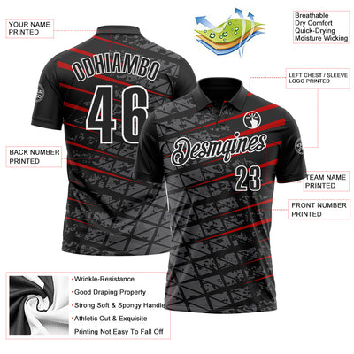 Custom Black Steel Gray Red-White 3D Pattern Design Grid And Fragment Art Performance Polo Shirt