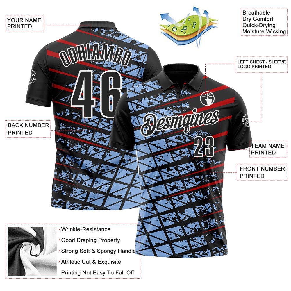 Custom Black Light Blue Red-White 3D Pattern Design Grid And Fragment Art Performance Polo Shirt