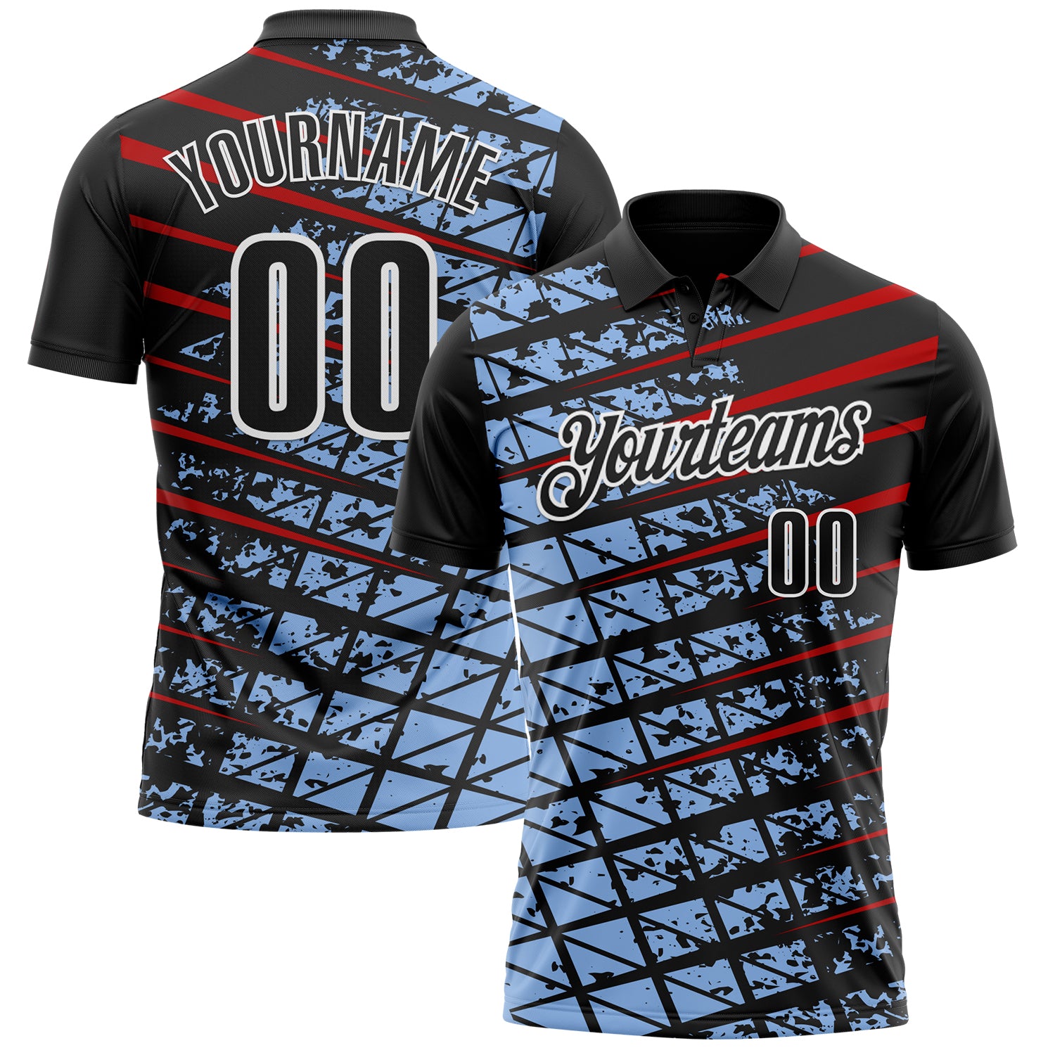 Custom Black Light Blue Red-White 3D Pattern Design Grid And Fragment Art Performance Polo Shirt