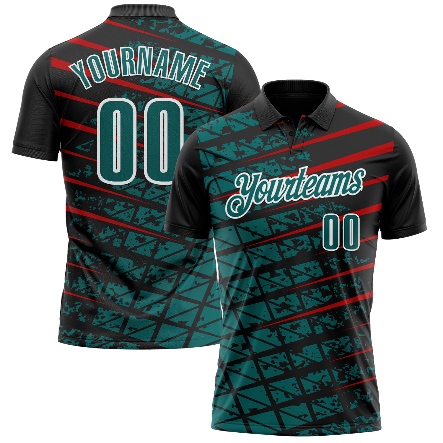 Custom Black Teal Red-White 3D Pattern Design Grid And Fragment Art Performance Polo Shirt