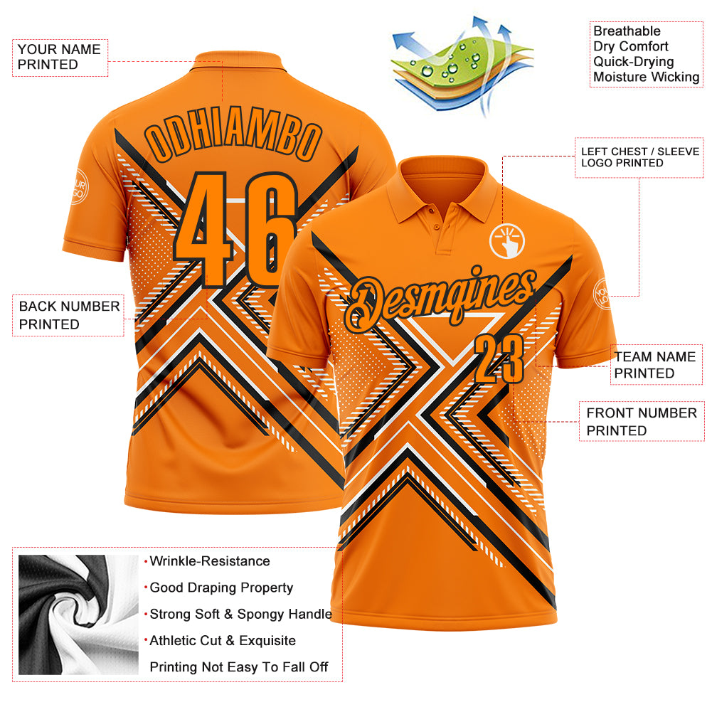 Custom Bay Orange Black-White 3D Pattern Design Geometric Shapes Performance Polo Shirt
