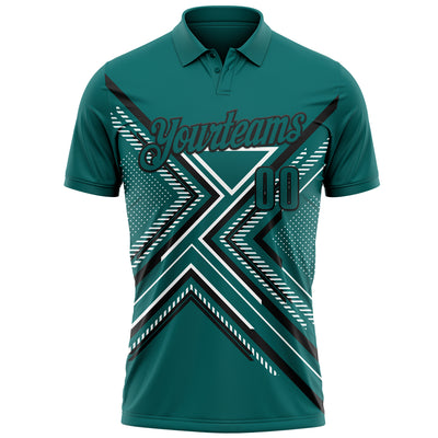 Custom Teal Black-White 3D Pattern Design Geometric Shapes Performance Polo Shirt