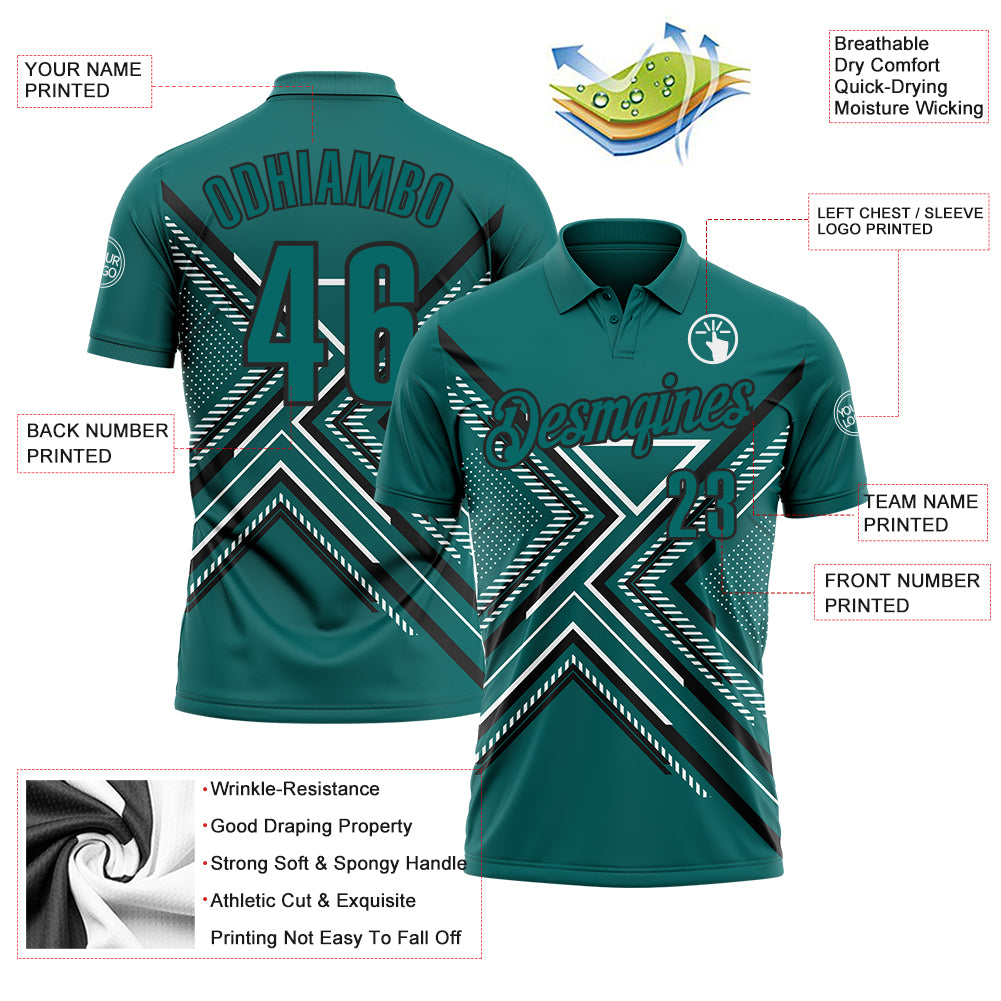 Custom Teal Black-White 3D Pattern Design Geometric Shapes Performance Polo Shirt