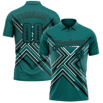 Custom Teal Black-White 3D Pattern Design Geometric Shapes Performance Polo Shirt