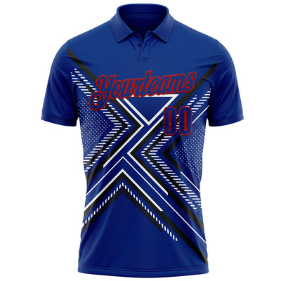 Custom Royal Black Red-White 3D Pattern Design Geometric Shapes Performance Polo Shirt
